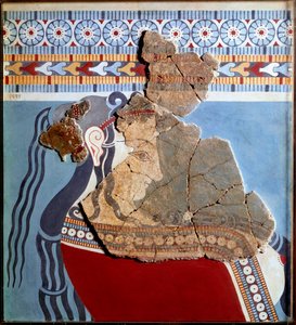 Myceense kunst: vrouwenbuste. Fragment van fresco uit het paleis van Tiryns en reconstructie