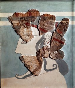 Myceense kunst: vrouwenhoofd. Fragment van fresco uit het paleis van Tiryns