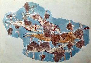 Myceense kunst: jachtscène, honden jagen op een wild zwijn. Fragment van fresco uit het paleis van Tiryns en reconstructie
