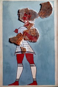 Myceense kunst: krijger. Fragment van fresco uit het paleis van Tiryns en reconstructie door Mycenaean