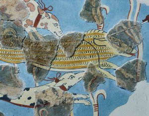 Fresco uit Tirinto-paleis (Griekenland). Detail: groep honden die een wild zwijn aanvallen. Myceense beschaving