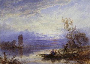 Een Veerboot bij Zonsondergang door Myles Birket Foster