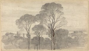 Een avondlandschap met hoge bomen door Myles Birket Foster
