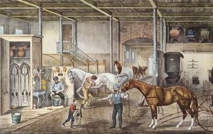 Modelstal waar jongens en stalknechten echt voor paarden zorgen, gravure uit boek "America" door Currier en Yves 1870 door N. and Ives J.M. (1824 95) Currier