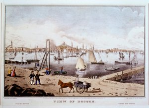 Gezicht op Boston met de haven van Boston ... (gekleurde prent)