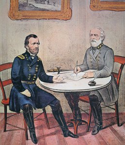 Generaal Robert E. Lee geeft zich over aan Generaal Ulysses S. Grant in Appomattox Courthouse, 9 april 1865