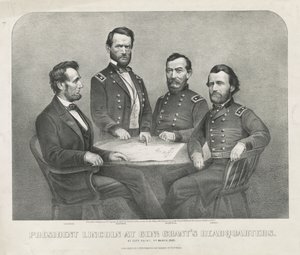 President Lincoln bij het hoofdkwartier van Genl. Grant, ca. 1865 (lithografie)