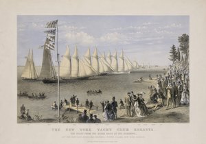 De regatta van de New Yorkse jachtclub, ca. 1869 (kleur lithografie) door Currier and Ives