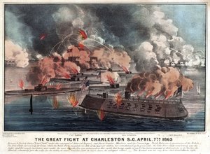 Het grote gevecht bij Charleston S.C. 7 april 1863 door Currier and Ives