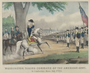 Washington neemt het bevel over het Amerikaanse leger in Cambridge, Massachusetts op 3 juli 1775 door Currier and Ives