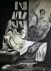 Illustratie van Currier & Ives 19e Eeuw. De Slechte Man op het Uur van de Dood
