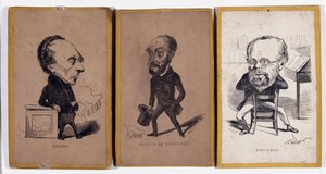 3 Karikatuurportretten: François Pierre Guillaume Guizot (1787-1874), Franse historicus en politicus, Charles Jean-Baptiste (Jean Baptiste) Jacquot alias Eugène de Mirecourt (1812-1880), Franse journalist en schrijver, en Pierre-Joseph Proudhon door Nadar
