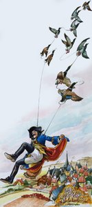 Baron van Munchausen wordt meegesleept door eenden (gouache op papier) door Nadir Quinto