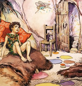 Peter Pan in gesprek met Tinkerbell, illustratie uit 