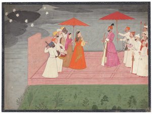 Muzikanten spelen een raga voor Balwant Dev Singh tijdens het regenseizoen, c.1745-50
