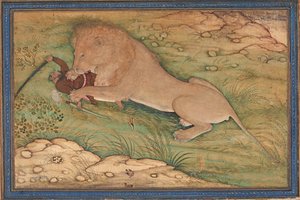 Gevaren van de jacht, een leeuw springt op een jager, ca. 1615 door Nanha