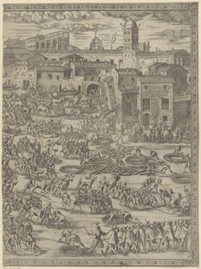 Het oprichten van de obelisk op het Sint Pieterplein door Natale Bonifazio da Sebenico