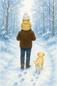 Kinderkamer: Winterwandeling met papa en de hond in een besneeuwd bos