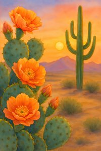 Zonsondergang in de woestijn – Bloeiende cactus
