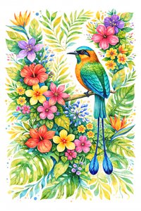 Motmot in tropische bloemen