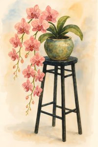 Roze orchidee op een krukje