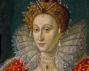 Detail van miniatuur olieverfschilderij portret van koningin Elizabeth I van Engeland en Ierland