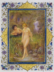Verlichte pagina uit een boek van Shakespeare sonnetten met naakte vrouw in pastorale fantasie door Nathan Benn
