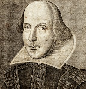 Portret van William Shakespeare op frontispice van Komedies, geschiedenissen en tragedies door Nathan Benn