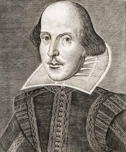 Portret van William Shakespeare op frontispice van Komedies, geschiedenissen, & tragedies door Nathan Benn