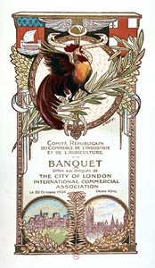 Haan en monumenten, banketmenu van het Republikeinse Comité voor Handel, Industrie en Landbouw aangeboden op 22.11.1906 aan de afgevaardigden van de internationale handelsvereniging van de City of London door Nathan Weill