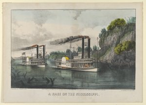 Een race op de Mississippi, 1870 door Currier and Ives