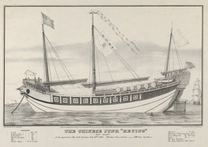 De Chinese jonk Keying-Kapitein Kellett-Zo verscheen ze in de haven van New York, 13 juli 1847 door Nathaniel Currier
