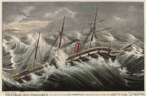 Het stoomschip President, het grootste ter wereld, onder bevel van luitenant Roberts tijdens zijn laatste reis van New York (VS) naar Liverpool (Engeland), in de storm van 12 maart door Nathaniel Currier