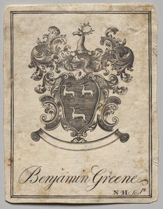 Boekplaat: Wapen met inscriptie Benjamin Greene door Nathaniel Hurd