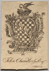 Boekplaat: Wapen met inscriptie John Chandler Jun.r, Esq. door Nathaniel Hurd