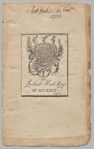 Boekplaat: Wapen met inscriptie van Robert Hale, Esq. door Nathaniel Hurd