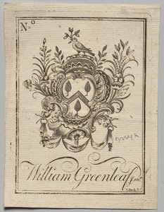 Boekplaat: Wapen met inscriptie William Greenleaf Jun.r door Nathaniel Hurd