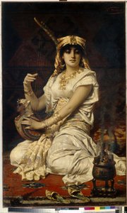 Almee. Portret van een mooie, geleerde en goed opgeleide vrouw, die muziek speelt, gekleed in een Egyptisch kostuum. Schilderij van Nathaniel Sichel (1843-1907) door Nathaniel Sichel