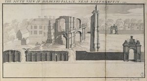Zuidelijk uitzicht op Holdenby House en ruïnes zoals gezien in 1729 door Nathaniel and Samuel Buck