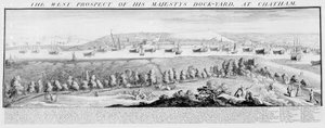 Het westelijke uitzicht van Zijne Majesteits scheepswerf in Chatham, 1738