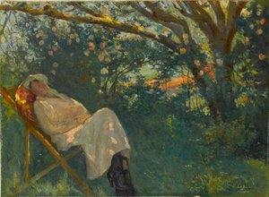 Dame in roze op een chaise longue