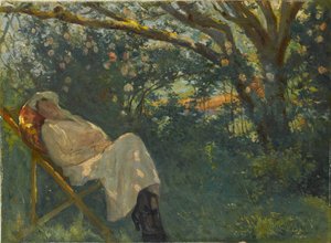 Dame in het roze op een chaise longue