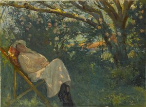 Dame in Roze op een Chaise Longue