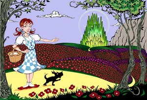 De wonderbaarlijke tovenaar van Oz: Dorothy en Toto op de Gele Bakstenen Weg op weg naar de Smaragden Stad door Neale Osborne
