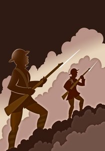 Eerste Wereldoorlog Soldaten met Bajonetten - Uit Loopgraven Komend