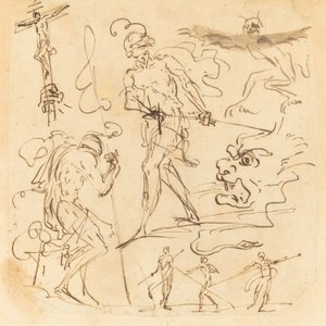 Blad met Studies van een Soldaat die een Zwaard Trekt, een Kruisbeeld, Monsterlijke Dieren en Andere Figuren door Neapolitan 17th Century