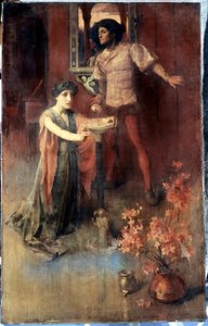 "Een vrouw knielt voor een kristallen bol, een man wacht achter haar met een mengeling van angst en nieuwsgierigheid. Schilderij van Nelly Erichsen (actief circa 1882-1893) Privécollectie door Nelly Erichsen