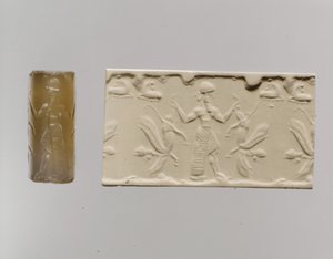 Cilinderzegel en moderne afdruk: mannelijke figuur domineert menshoofdige gevleugelde leeuwen, ca. 8e-7e eeuw v.Chr. door Neo Assyrian Neo Assyrian