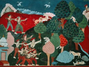Een koning die zijn dagen doorbrengt met het doden van arme gazellen zonder reden, later, in een ander leven, is hij een gazelle en wordt gedood door een jager, detail uit Swayambhu Purana, belangrijk boeddhistisch heilig boek in Nepal door Nepalese School