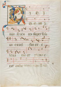 Heilige knielend voor God op de troon in een gehistorieerde initiaal "V" uit een antifonarium door Neri da Rimini